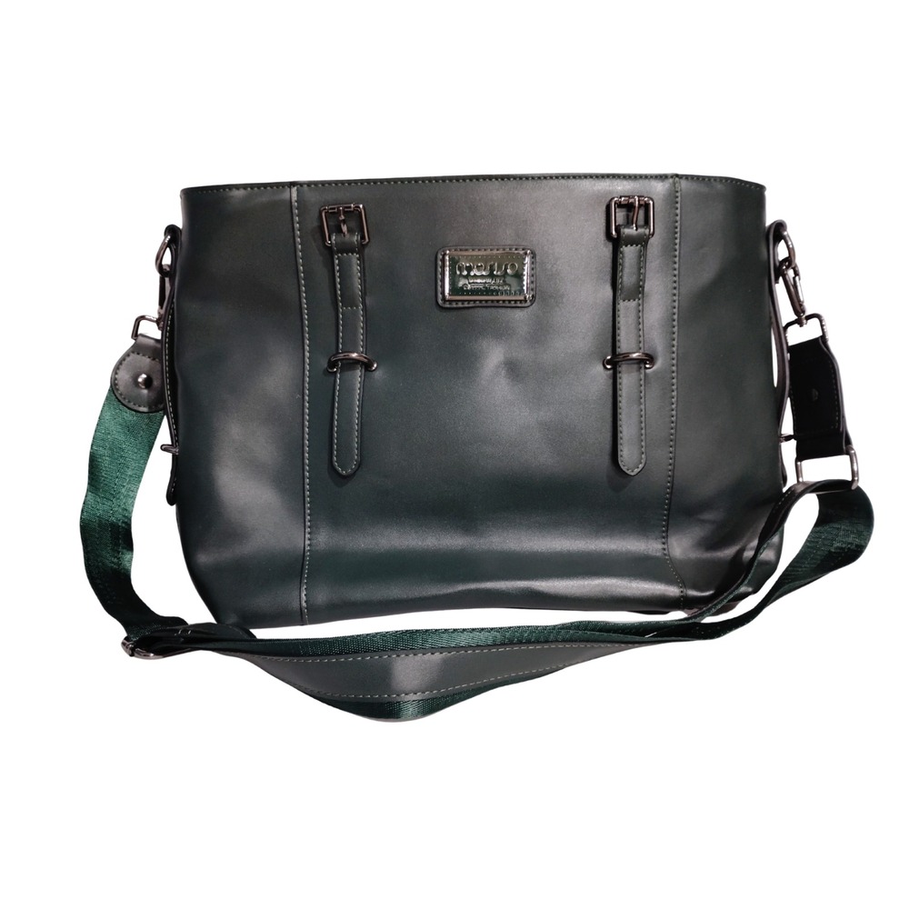 Mossimo Leather Laptop Tote Bag 13 inch Inside Messenger Bag Dark Green - Picture 2 of 14